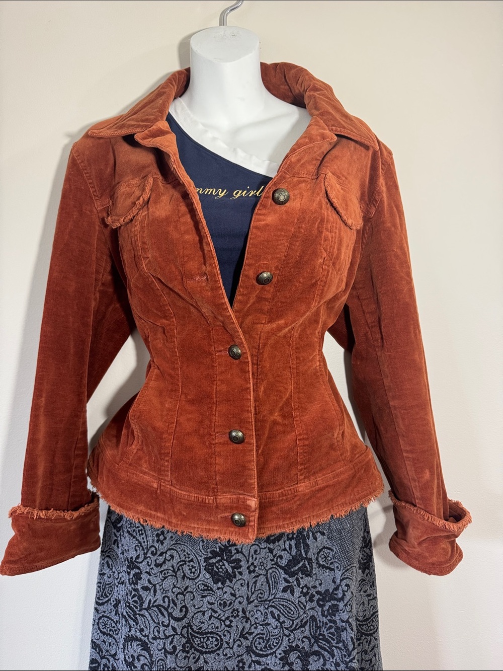 Y2K Tribal Velvet Rust Brown Denim Jacket
